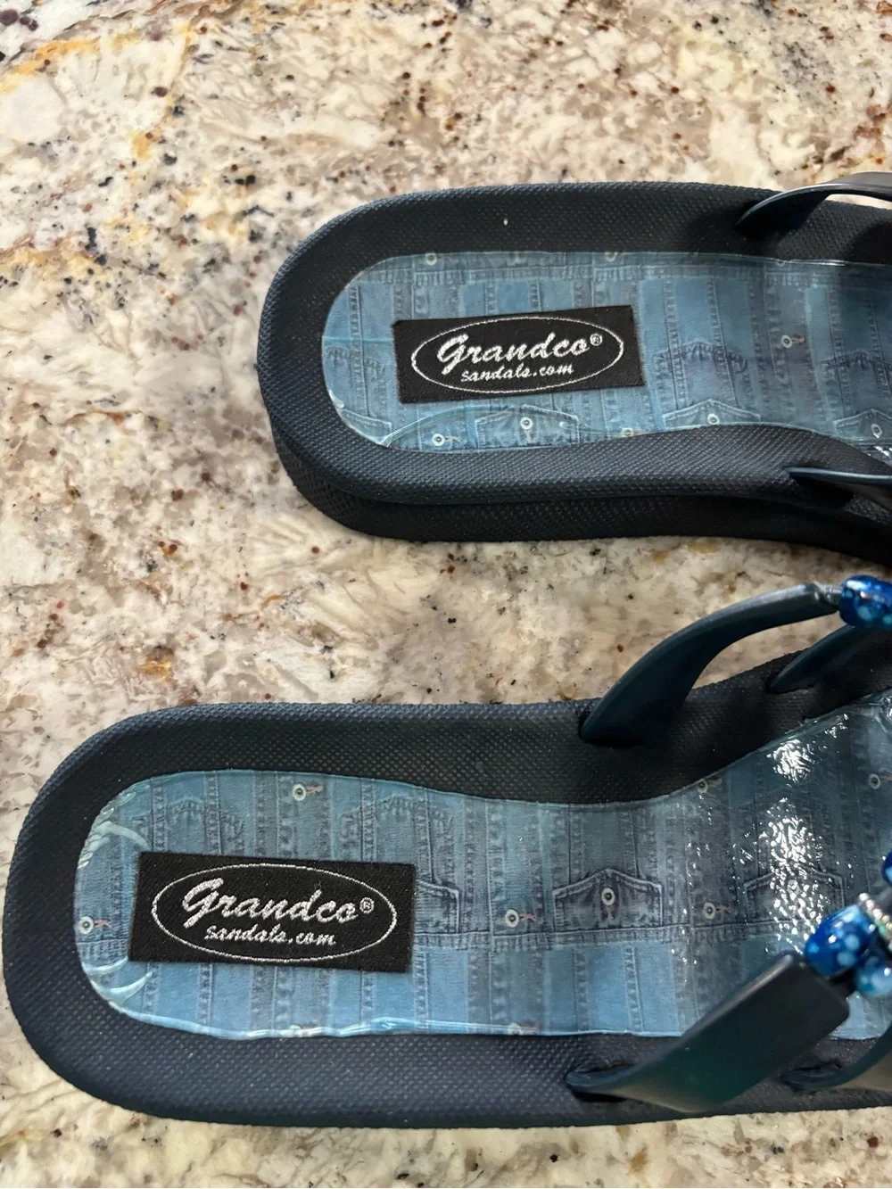Embellished Navy Slide Sandals with Bead Accents